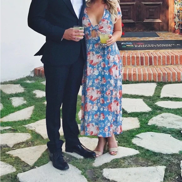 blue and white rehearsal dinner dress Pretty Sweet Puff Sleeve Tiered Midi Dress – Allie and Me Boutique main image 0